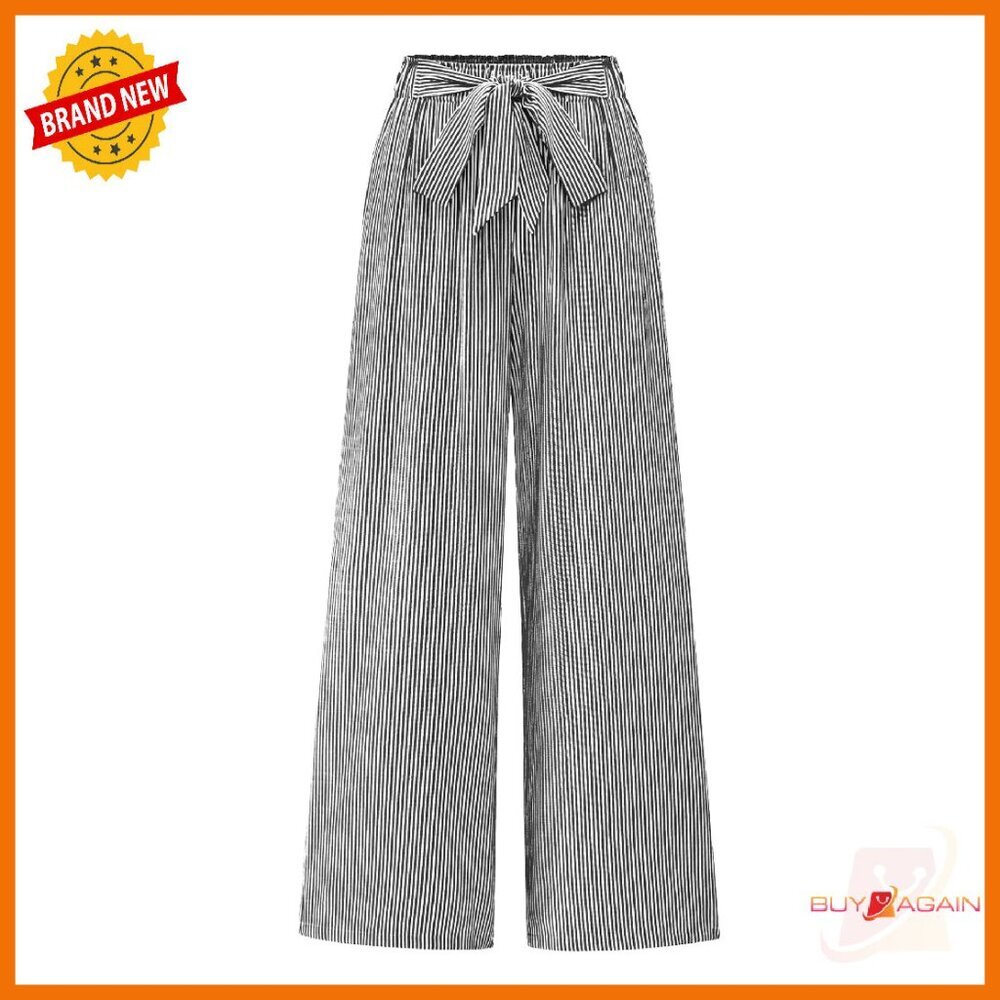 Wide Leg Palazzo Pants With Tie Knot Detail, Elastic Waist, Side Pockets